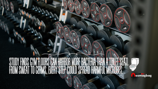 Gym equipment covered in bacteria with warning text comparing gym floors to toilet seats, highlighting germ risks, featuring Neomagbag logo.
