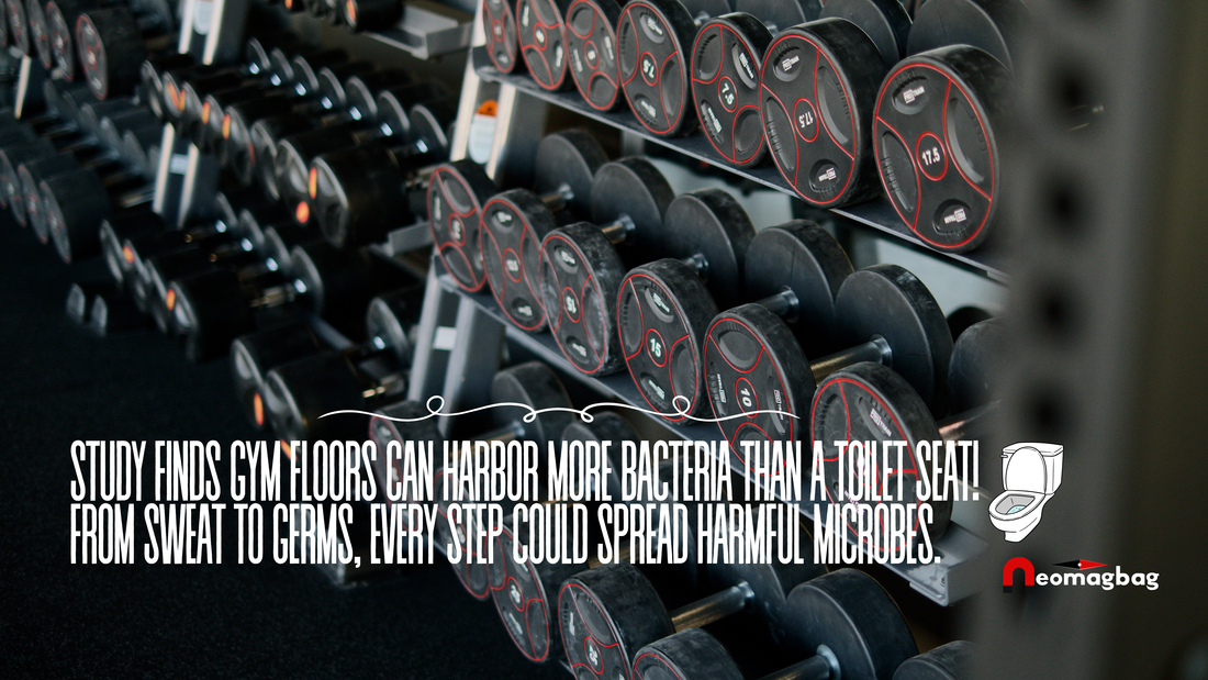 Gym equipment covered in bacteria with warning text comparing gym floors to toilet seats, highlighting germ risks, featuring Neomagbag logo.
