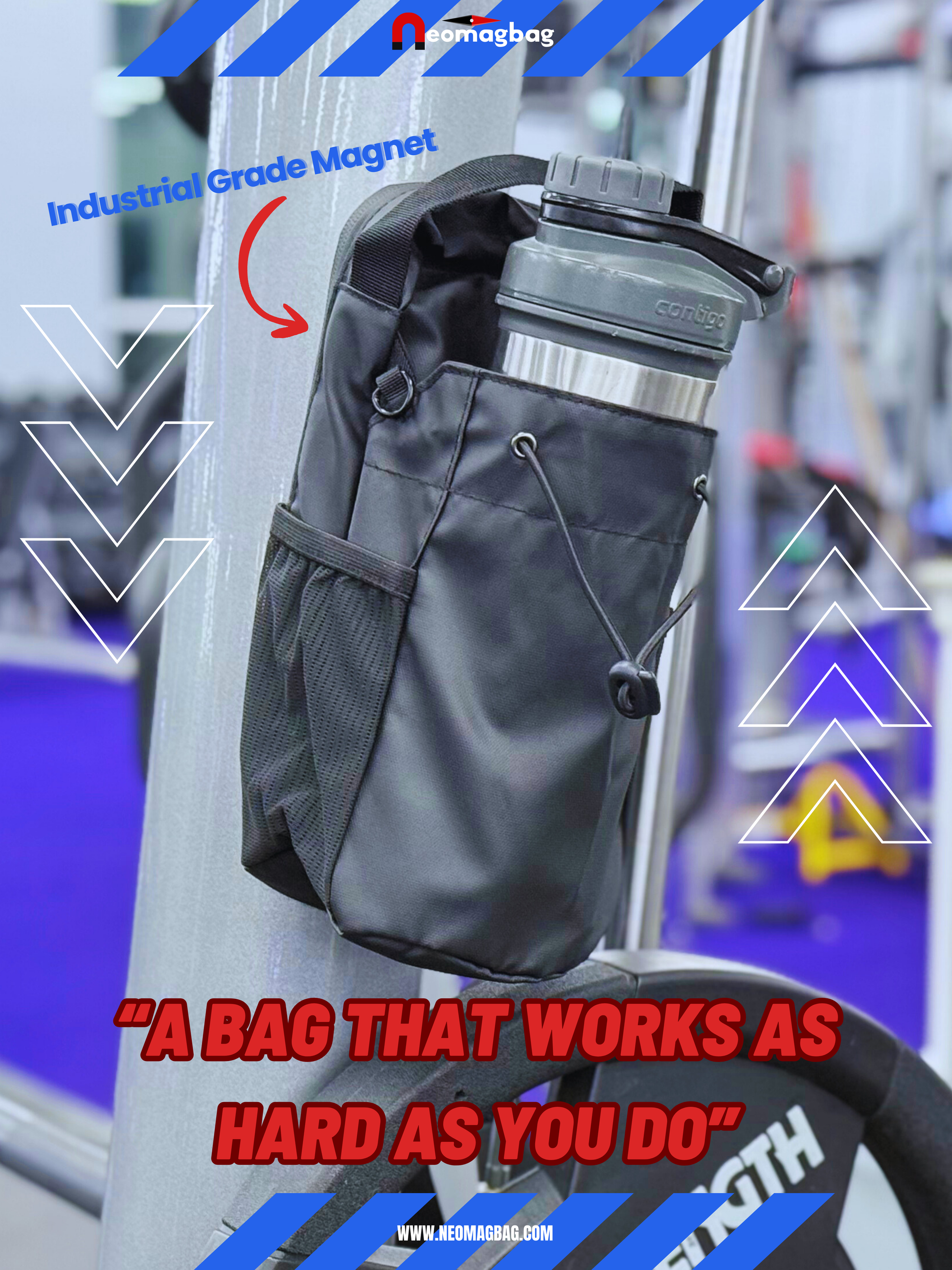 Gym bag with phone pocket and bottle sleeve on fitness machine