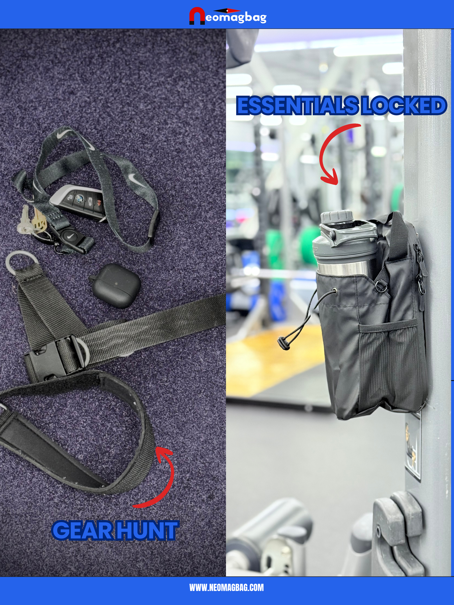 Magnetic gym bag interior with AirTag holder and organized pockets
